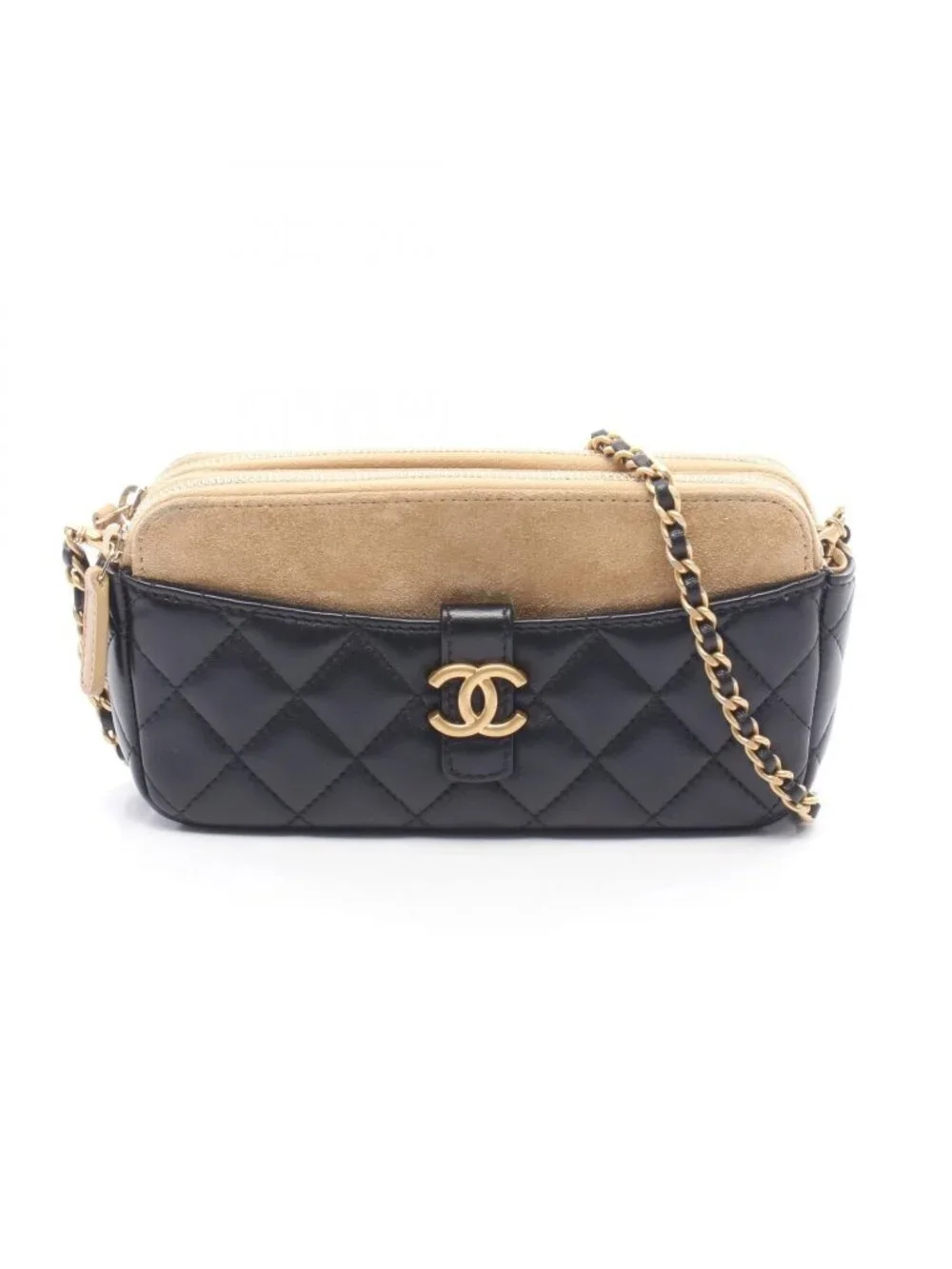 Chanel Shoulder Bag Quilted Phone Case Black Camel Lambskin Suede Chain Wallet